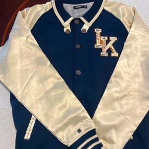 IMKING Raw Talent Varsity Button Up Jacket Men’s XL Satin Sleeve Navy and Cream